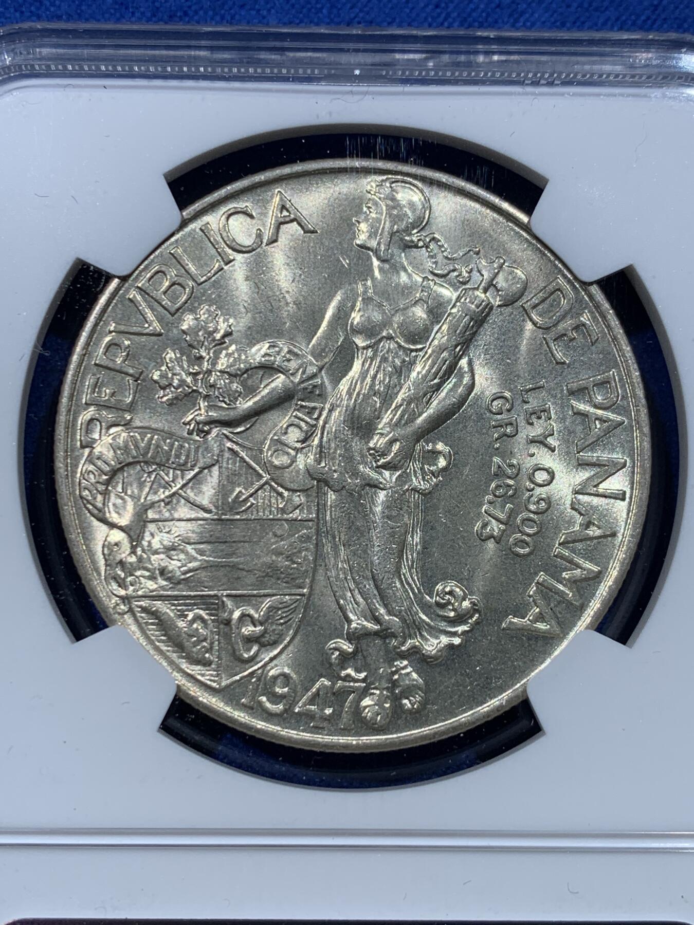 《竞宝斋》第352场 周日，周一 2场连拍 （全场包邮） NGC MS64 巴拿马1947年1巴波亚银币，背面女神图案漂亮，品相佳。