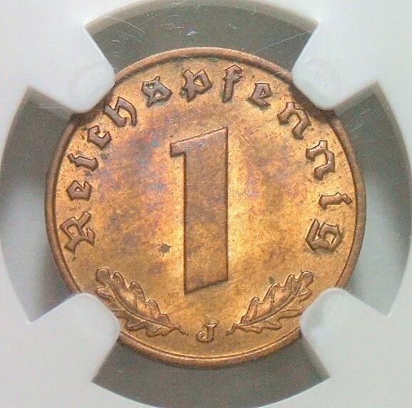 NGC MS64RB 德国第三帝国1939年J版1芬尼 难得开卷原光