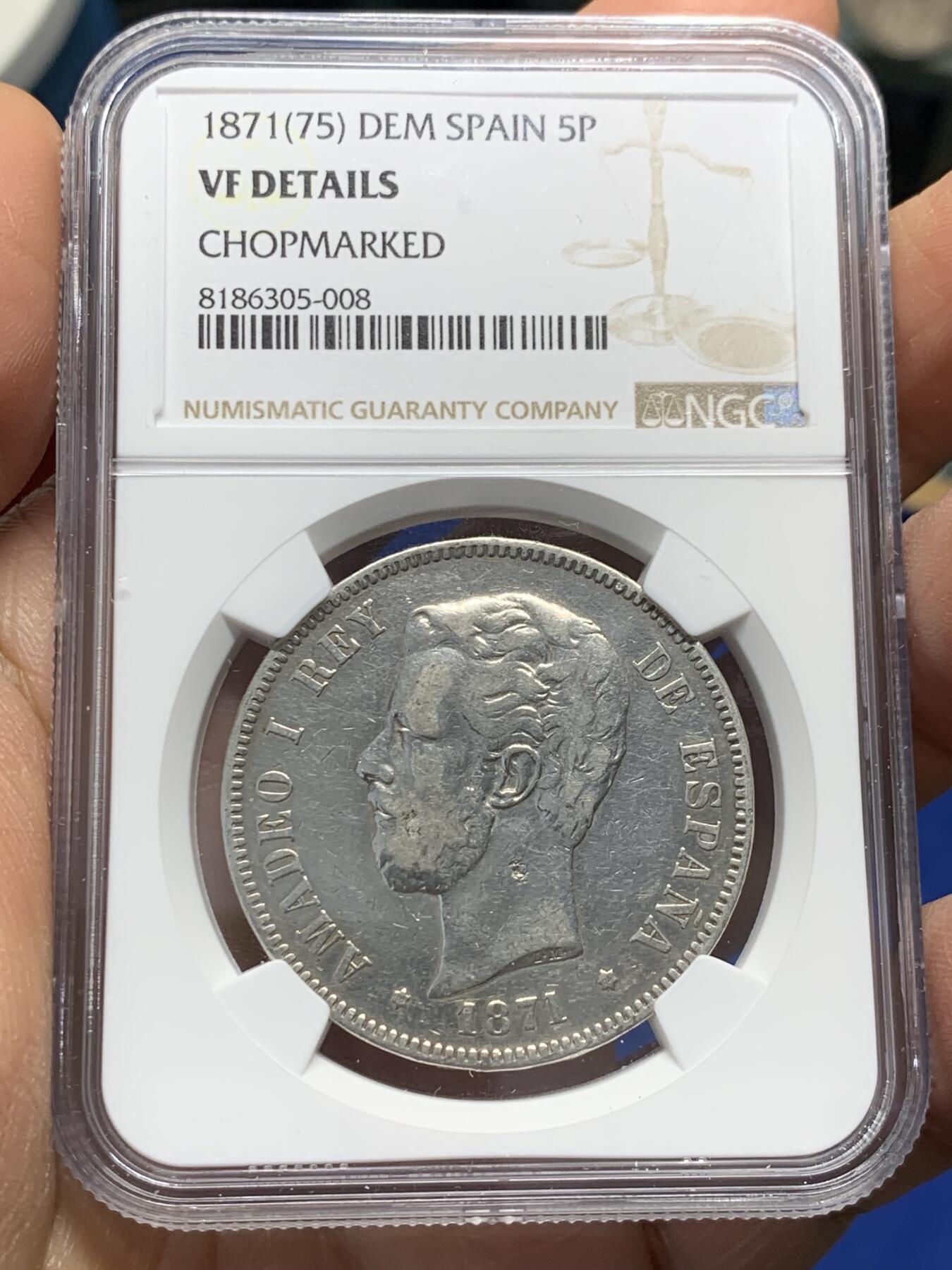 《竞宝斋》第352场 周日，周一 2场连拍 （全场包邮） NGC VFD 西班牙1871年阿玛迪奥一世青年像5比塞塔银币