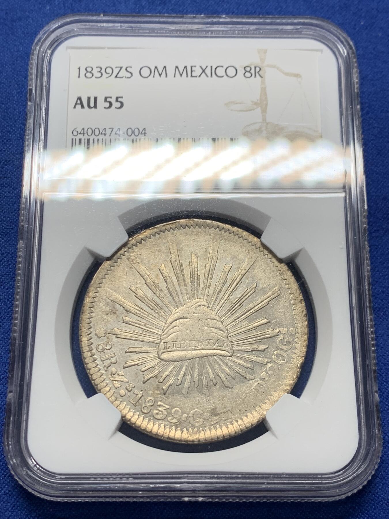 《竞宝斋》第352场 周日，周一 2场连拍 （全场包邮） NGC AU55 墨西哥1839年8r鹰洋 早期鹰洋ZS厂出分不易