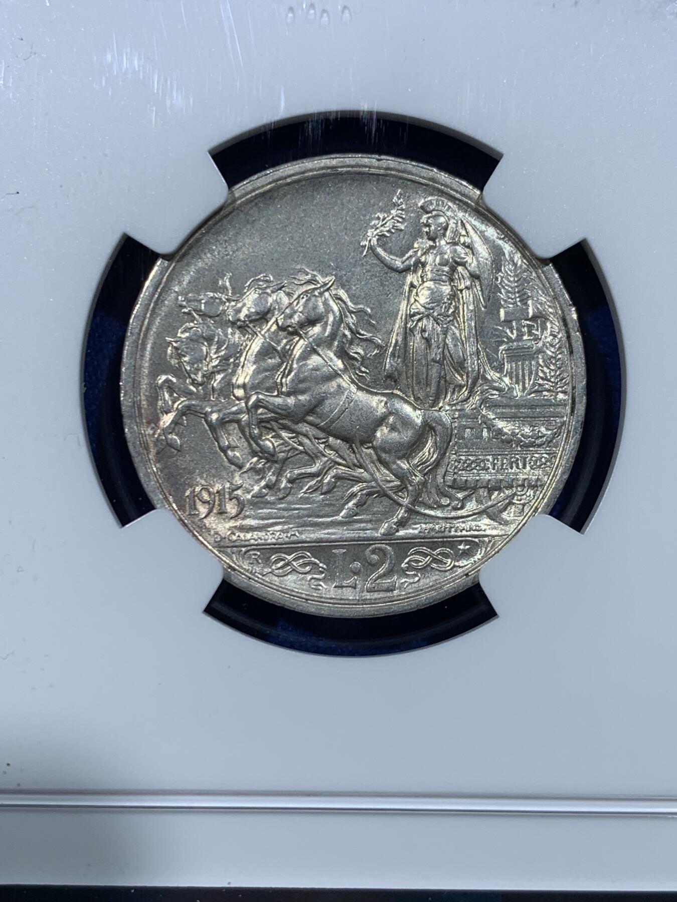 《竞宝斋》第352场 周日，周一 2场连拍 （全场包邮） NGC MS62 意大利1915年马车女神2里拉银币