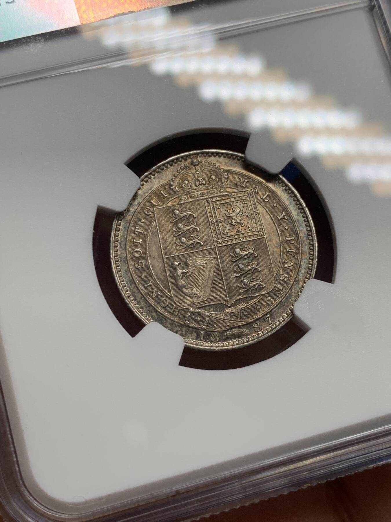 《竞宝斋》第352场 周日，周一 2场连拍 （全场包邮） NGC MS62 英国1887年维多利亚高冠1先令 酱彩包浆 很难得