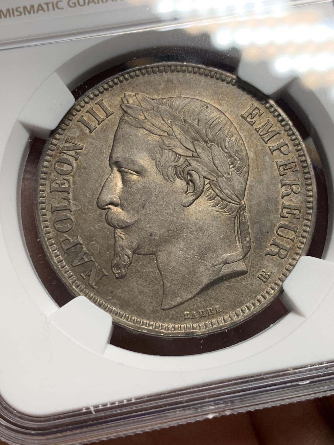 《竞宝斋》第352场 周日，周一 2场连拍 （全场包邮） NGC UNC 法国1869年拿破仑三世5法郎BB版银币
