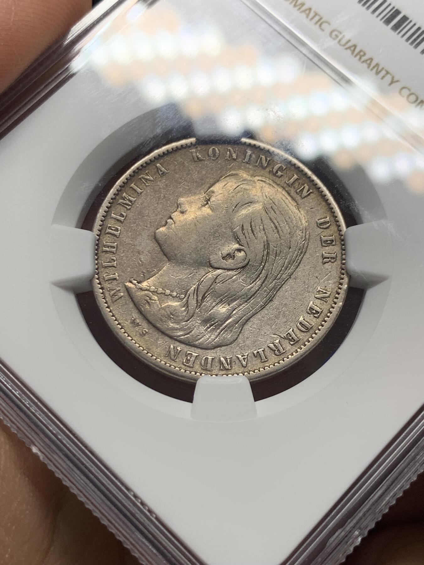 《竞宝斋》第352场 周日，周一 2场连拍 （全场包邮） NGC VF35 荷兰1897年威廉明娜女王萝莉时期1盾银币 出分不易