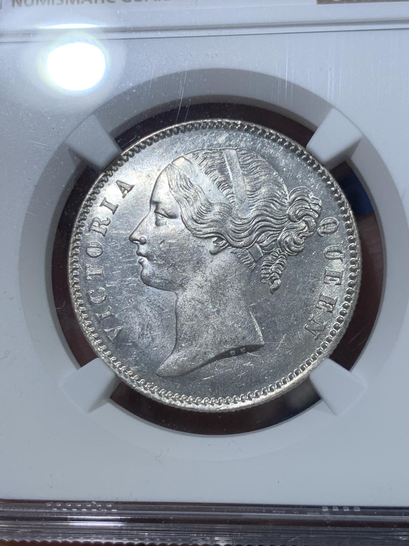 《竞宝斋》第352场 周日，周一 2场连拍 （全场包邮） NGC MS63 英属东印度公司1840年维多利亚1卢比银币 双辫版 高分好品