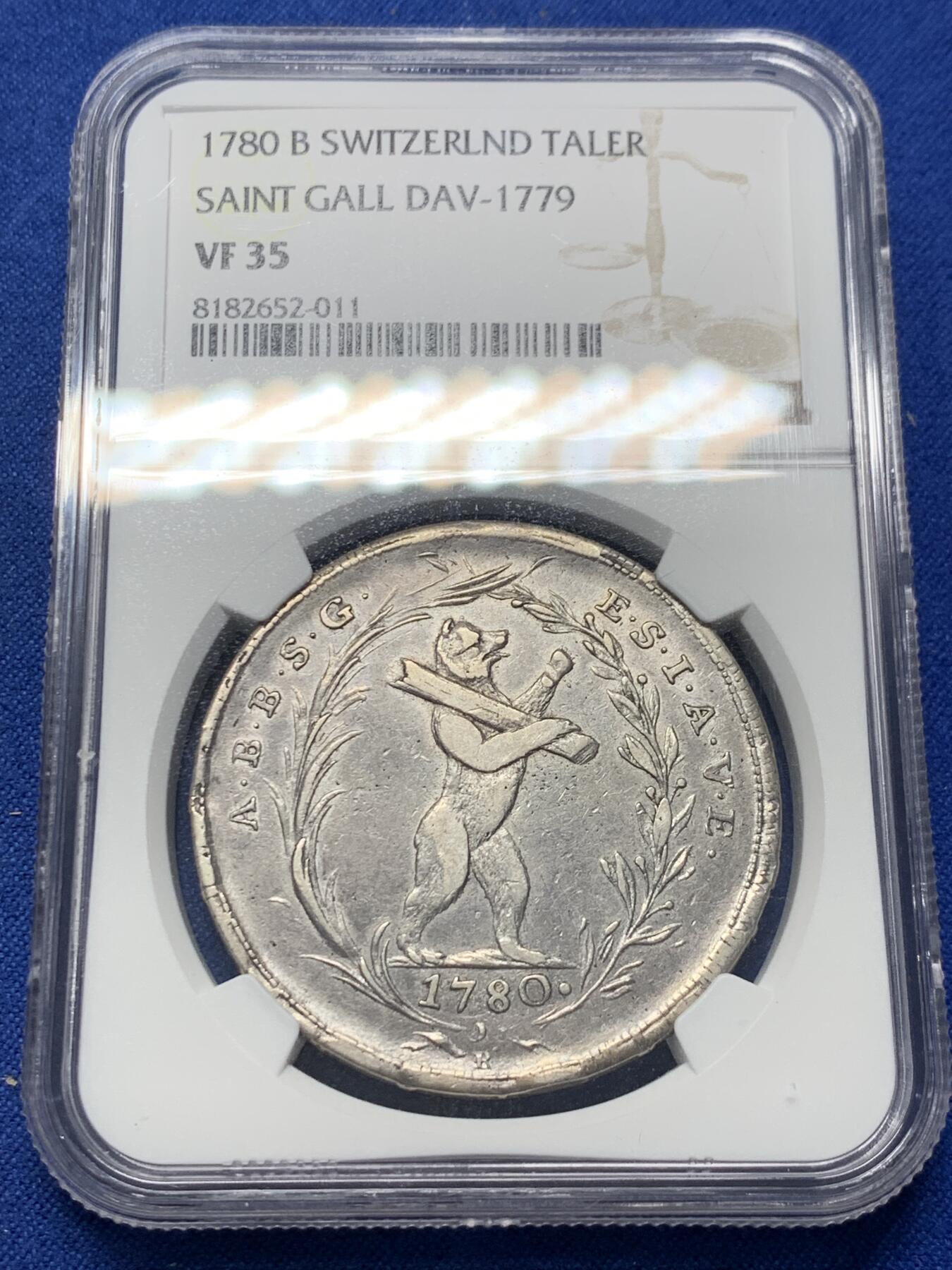 《竞宝斋》第352场 周日，周一 2场连拍 （全场包邮） NGC VF35 瑞士 1780年 圣加伦 小熊 泰勒大银币 独年流通币 少见版本