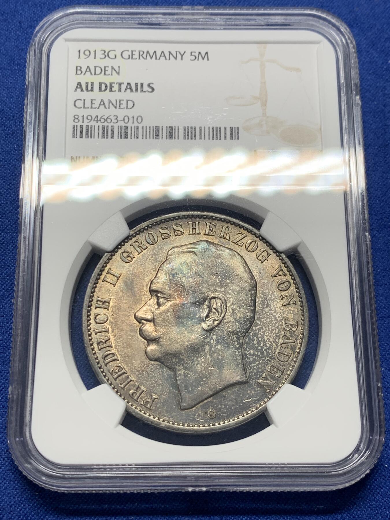 《竞宝斋》第352场 周日，周一 2场连拍 （全场包邮） NGC AU 德国1913年巴登5马克银币