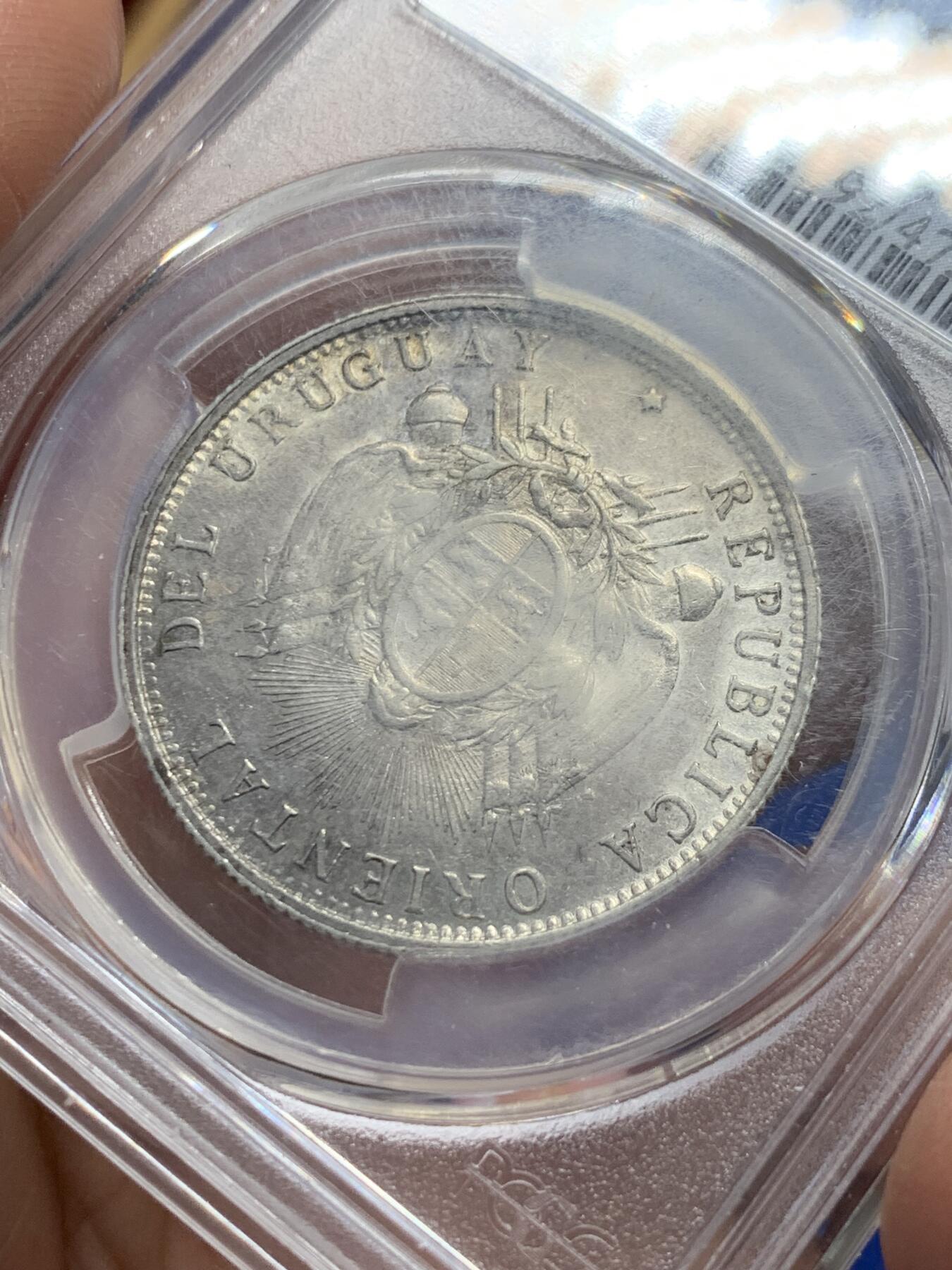 《竞宝斋》第352场 周日，周一 2场连拍 （全场包邮） PCGS UNC 乌拉圭 1894年 50分 银币 轻微清洗