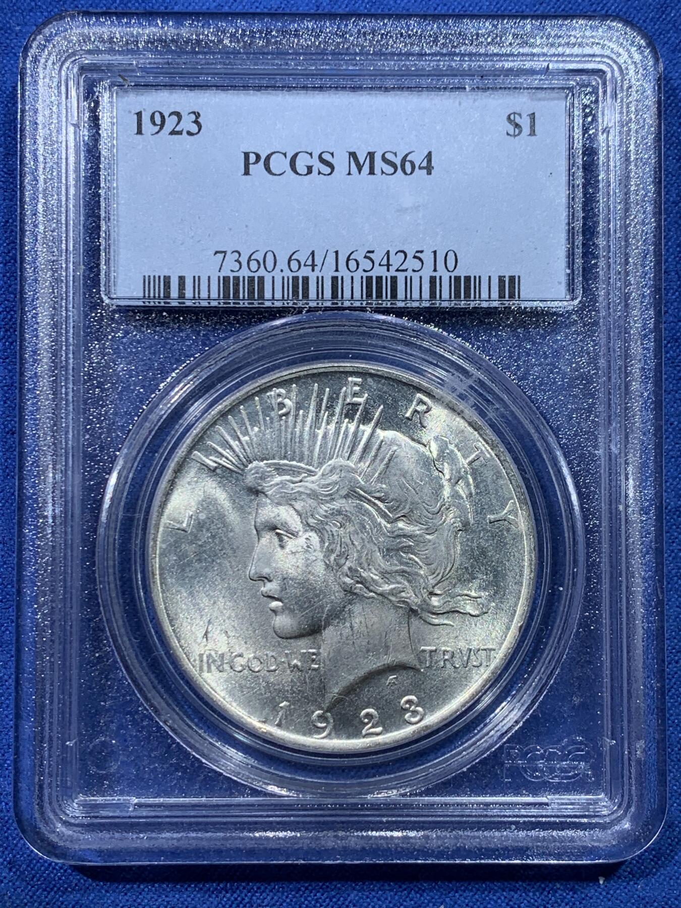 《竞宝斋》第352场 周日，周一 2场连拍 （全场包邮） PCGS MS64 美国1923年和平1美元大银币