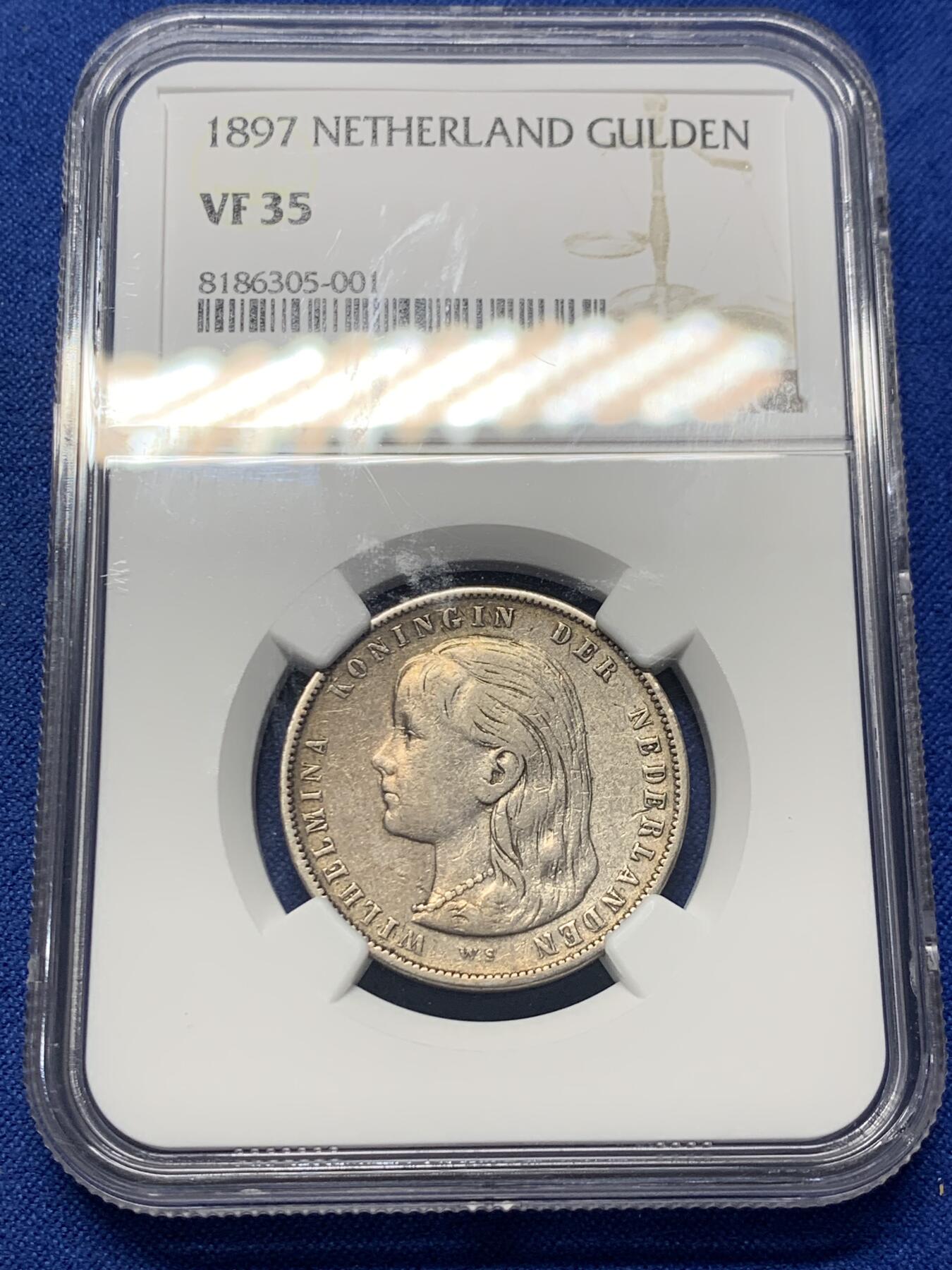 《竞宝斋》第352场 周日，周一 2场连拍 （全场包邮） NGC VF35 荷兰1897年威廉明娜女王萝莉时期1盾银币 出分不易