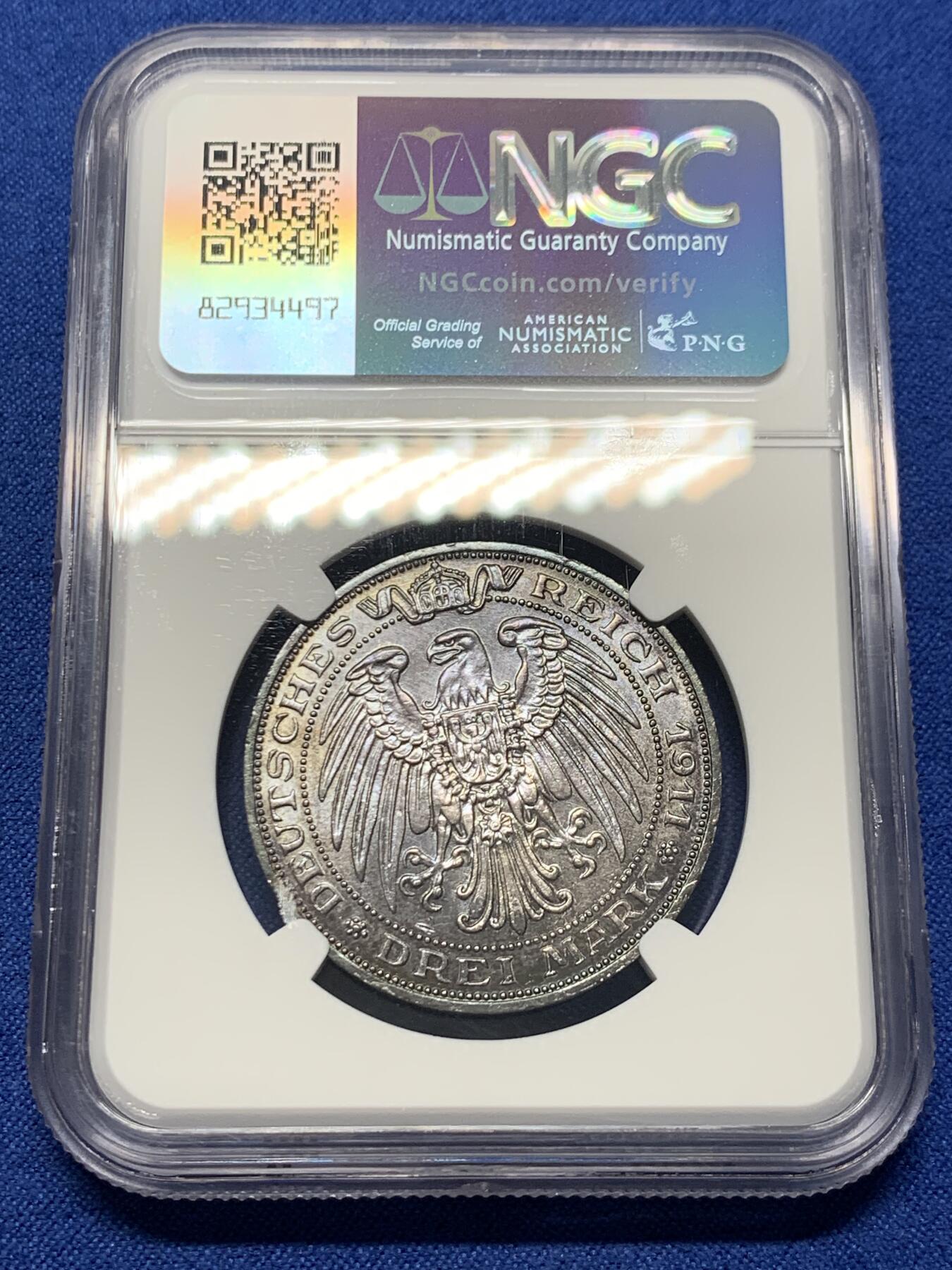 《竞宝斋》第352场 周日，周一 2场连拍 （全场包邮） NGC MS61 德国1911年普鲁士布雷斯劳大学3马克银币 原味深包浆 给分不易