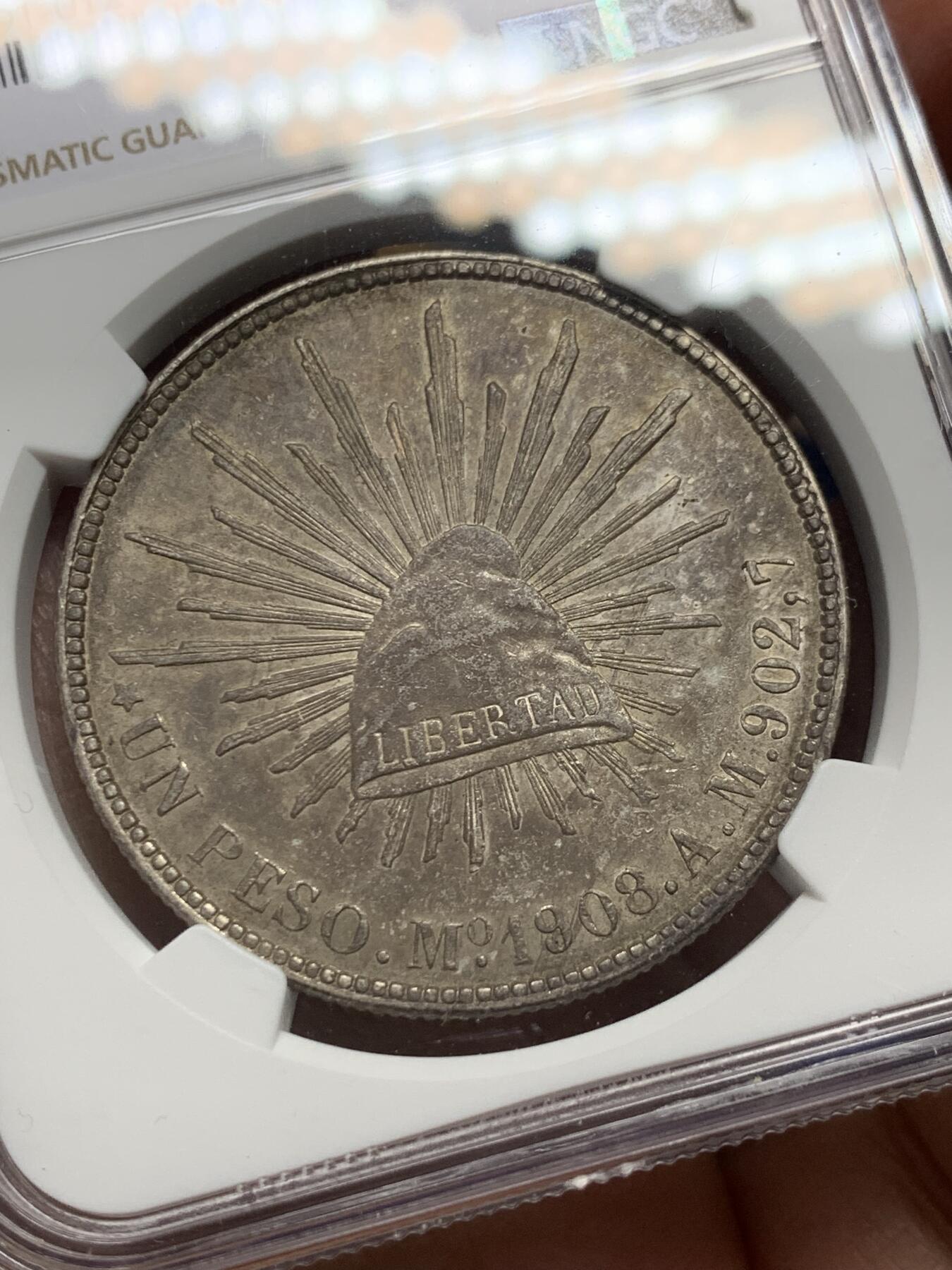 《竞宝斋》第352场 周日，周一 2场连拍 （全场包邮） NGC MS63 墨西哥1908年直边大鹰洋 原味少见