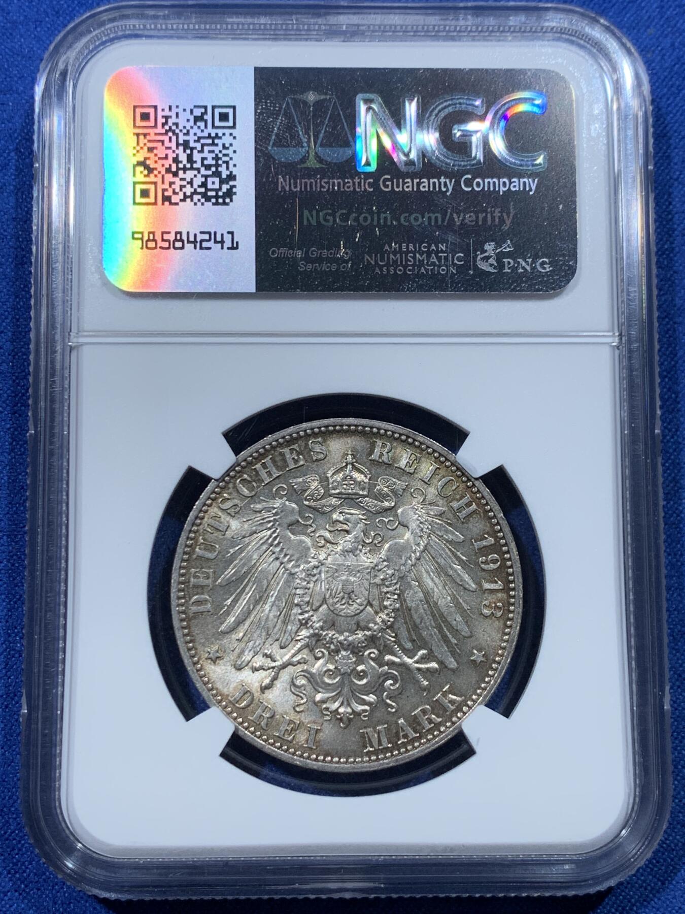 《竞宝斋》第352场 周日，周一 2场连拍 （全场包邮） NGC MS63 德国1913年萨克森莱比锡建功碑3马克银币 带转光