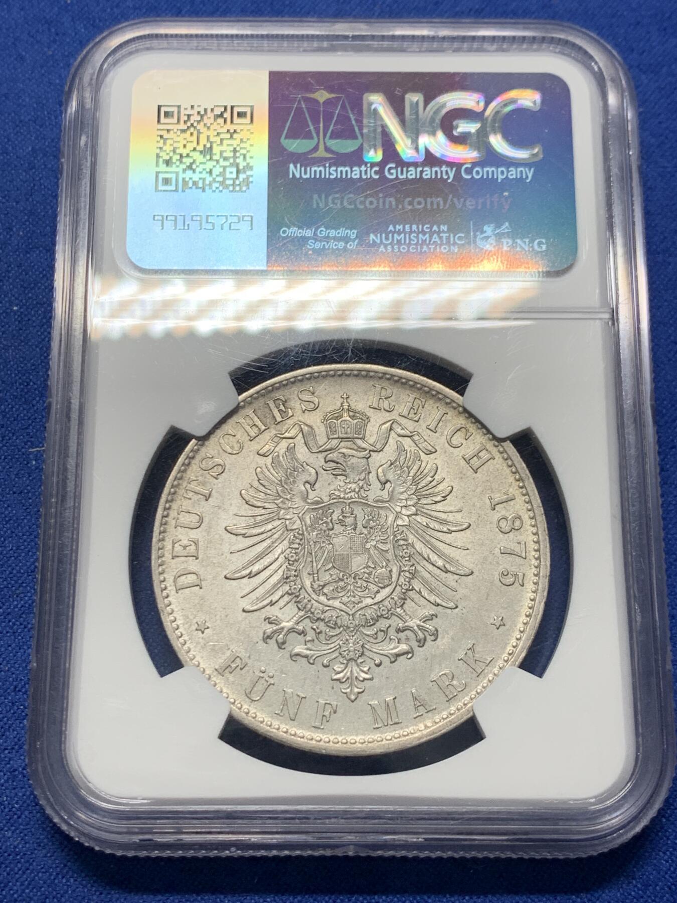 《竞宝斋》第352场 周日，周一 2场连拍 （全场包邮） NGC AU58 德国 巴伐利亚 1875年 路德维希二世5马克银币流通充分好品难觅，欧陆淡灰色包浆！