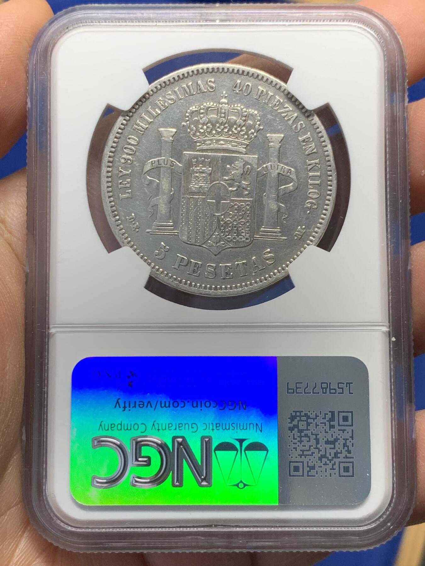 《竞宝斋》第352场 周日，周一 2场连拍 （全场包邮） NGC VFD 西班牙1871年阿玛迪奥一世青年像5比塞塔银币