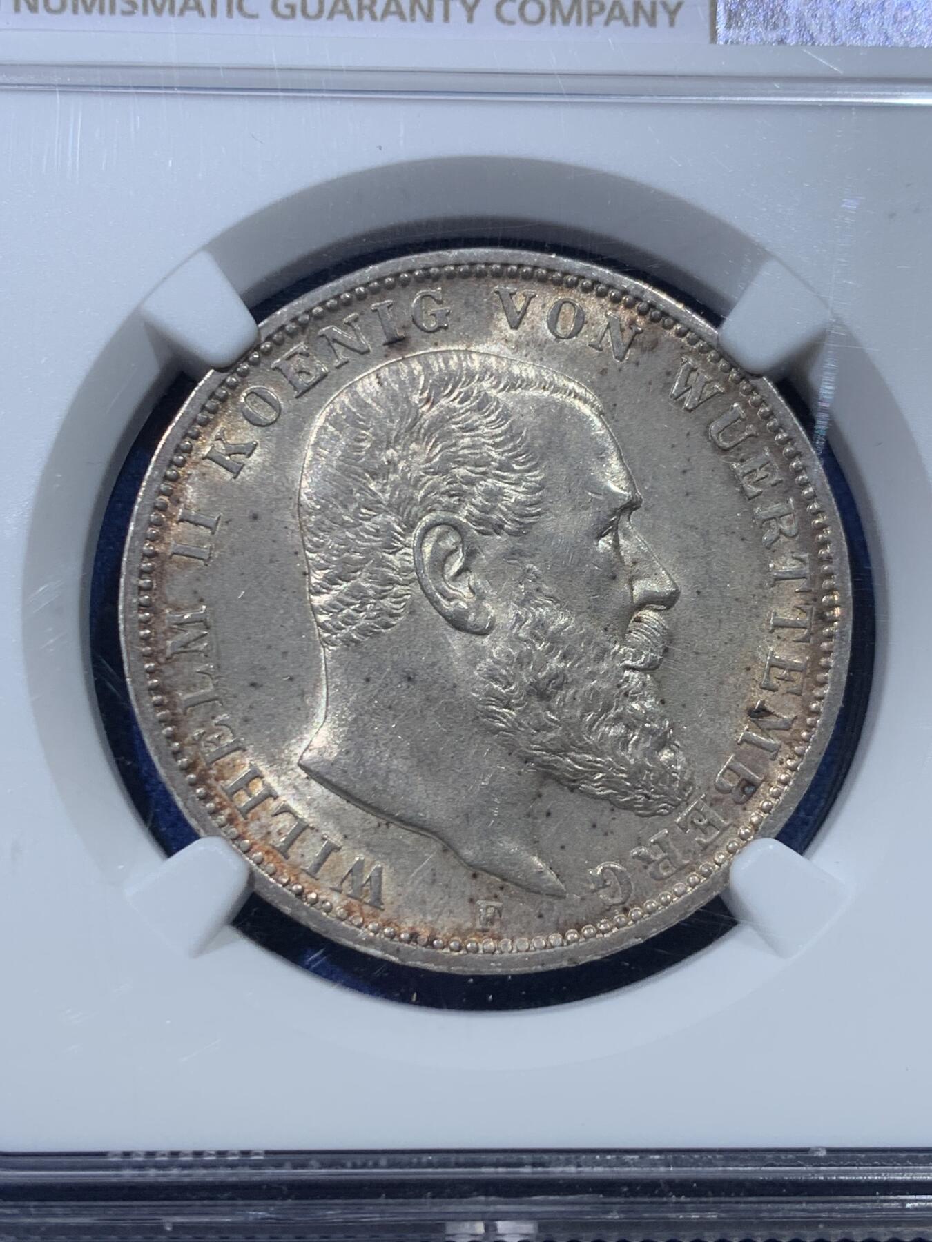 《竞宝斋》第352场 周日，周一 2场连拍 （全场包邮） NGC MS63 德国 符腾堡 1910年 威廉二世 3马克银币 高分少见