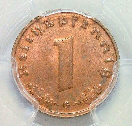 金盾PCGS MS65RB 德国第三帝国1940年G版1芬尼 难得开卷原光