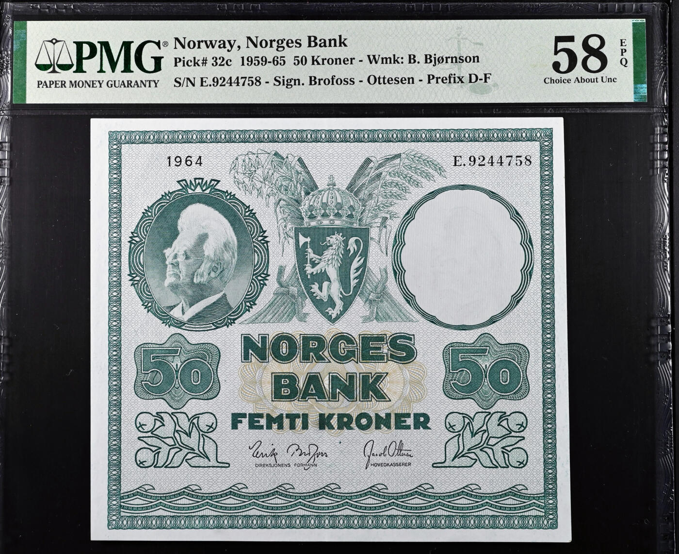 【Blue Auction】✨世界纸币精拍第618期【精】 挪威 1964年50克朗 大方块 设计精美 PMG58EPQ 原票
