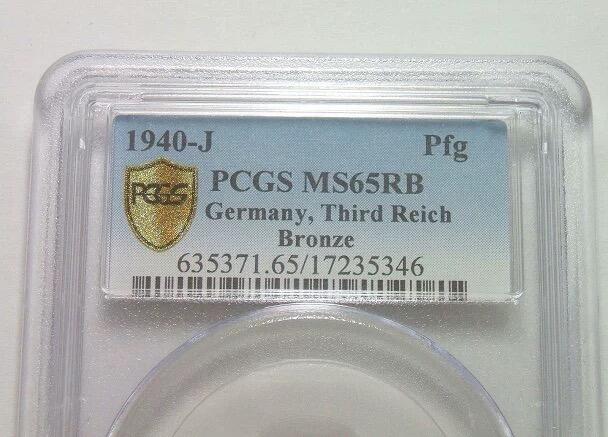 金盾PCGS MS65RB 德国第三帝国1940年J版1芬尼 难得开卷原光   