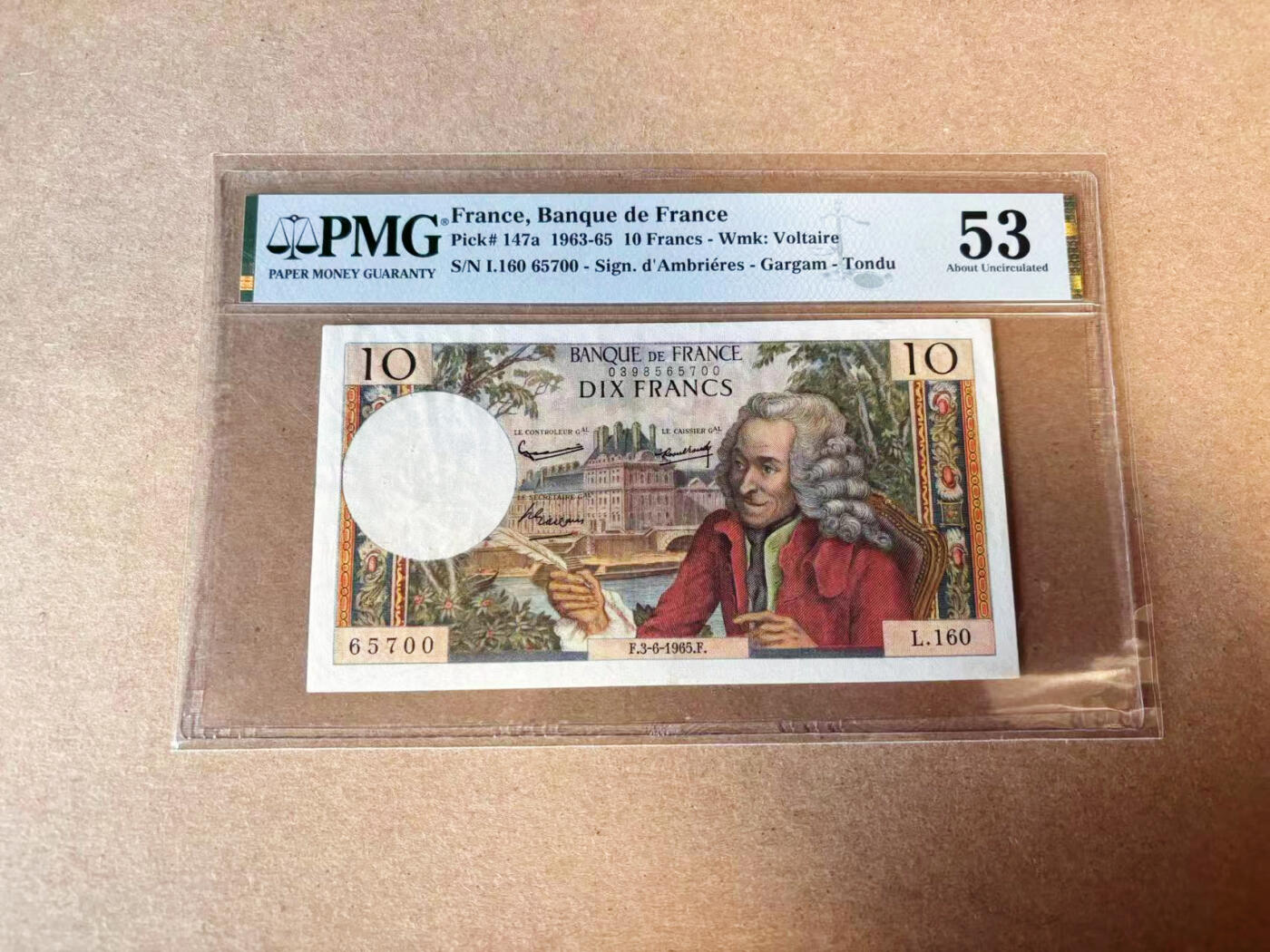 【Blue Auction】✨世界纸币精拍第618期【精】 法国 1965年10法郎 伏尔泰 PMG53 