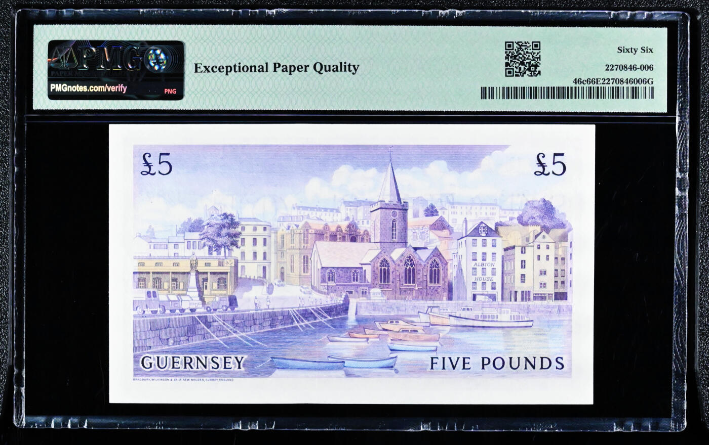 【Blue Auction】✨世界纸币精拍第618期【精】  【亚军分】根西 1969-75年5镑 BWC出品 经典彩背 紫色调大场景非常唯美 PMG66EPQ 