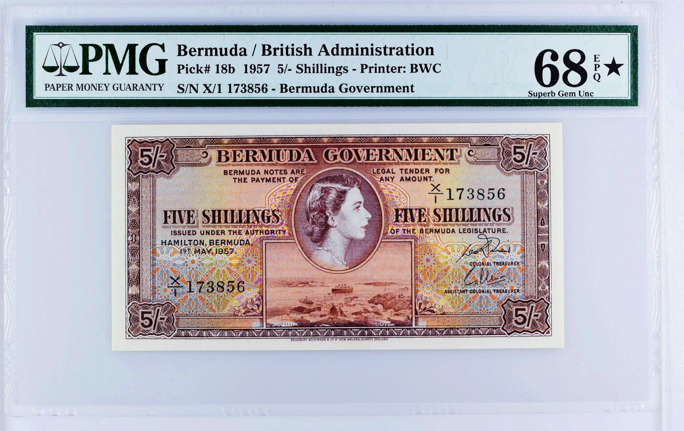 【Blue Auction】✨世界纸币精拍第618期【精】   【顶级高分带星罕见】英属百慕大 1957年5先令 BWC出品 女王侧面像 PMG68EPQ星星 老壳 令人爱不释手