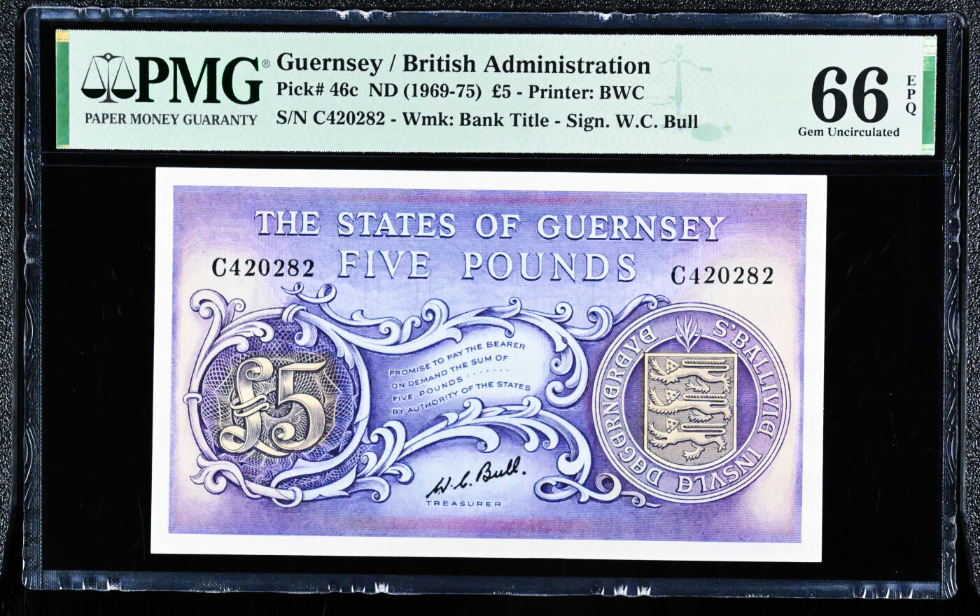【Blue Auction】✨世界纸币精拍第618期【精】  【亚军分】根西 1969-75年5镑 BWC出品 经典彩背 紫色调大场景非常唯美 PMG66EPQ 