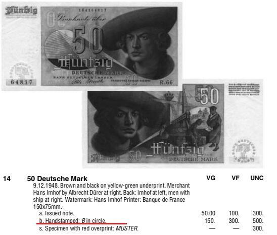 【Blue Auction】✨世界纸币精拍第618期【精】 【111豹子号无47 极少见加盖“B”】德国 1948年50马克 法属风少见品种 UNC- 丢勒名画