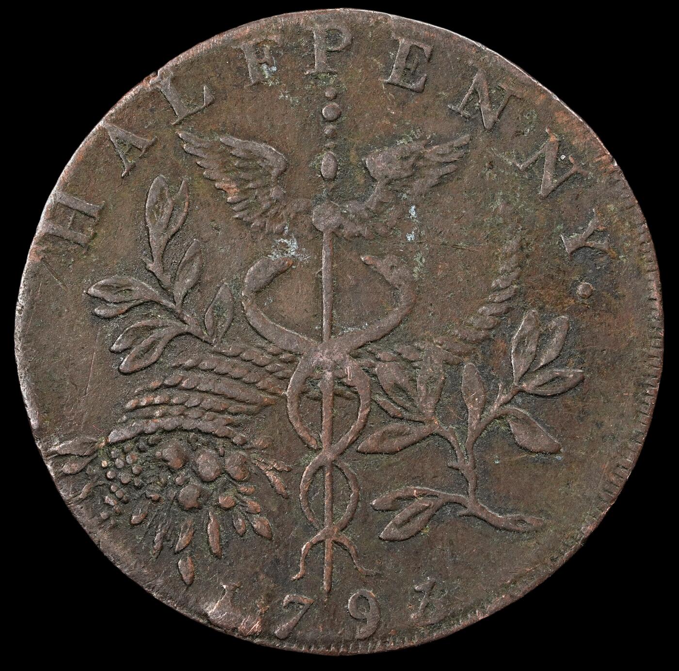 修遠堂世界钱币第五十七期 1793年英国半便士代用币 牛顿头像 9.30g