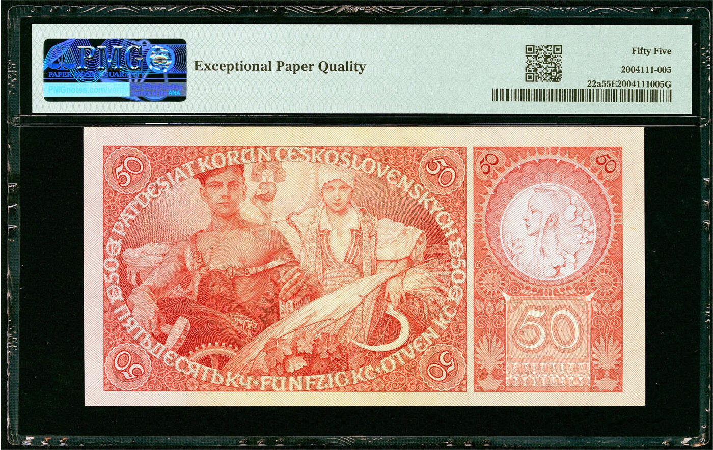 【Blue Auction】✨世界纸币精拍第618期【精】 【实钞高分原票少见】捷斯 1929年50克朗 慕夏作品 设计非常出彩 灯下状态佳 肉眼看没有很明显的折 PMG55EPQ 值得收藏 