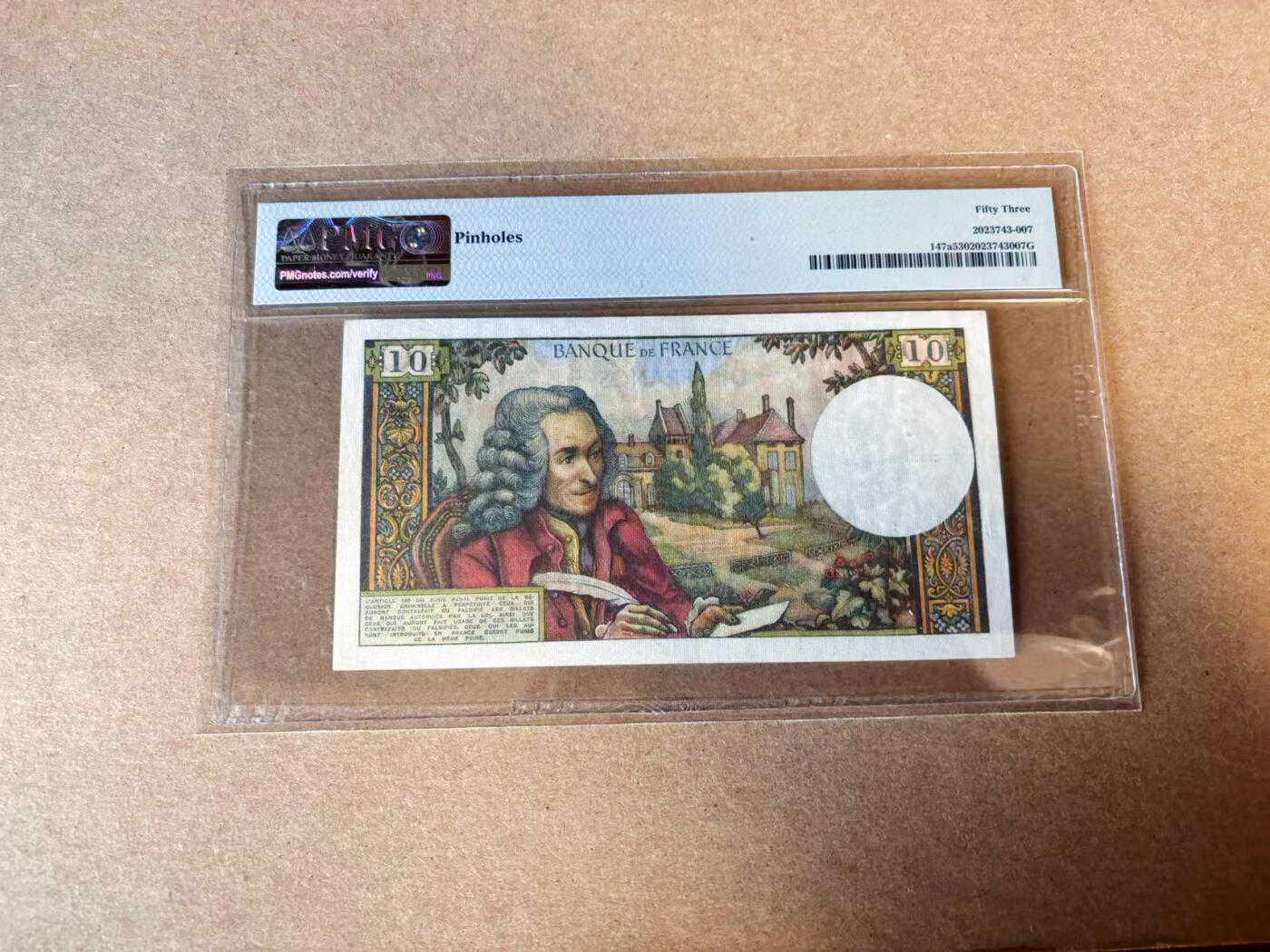 【Blue Auction】✨世界纸币精拍第618期【精】 法国 1965年10法郎 伏尔泰 PMG53 