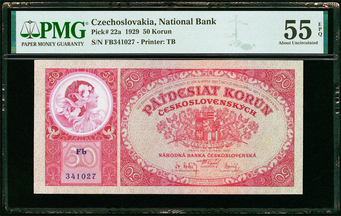【Blue Auction】✨世界纸币精拍第618期【精】 【实钞高分原票少见】捷斯 1929年50克朗 慕夏作品 设计非常出彩 灯下状态佳 肉眼看没有很明显的折 PMG55EPQ 值得收藏 