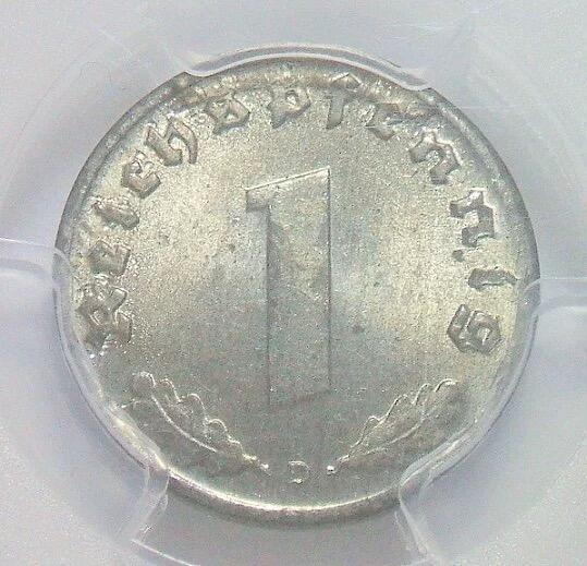 金盾PCGS MS65 德国第三帝国1940年D版1芬尼 难得开卷原光