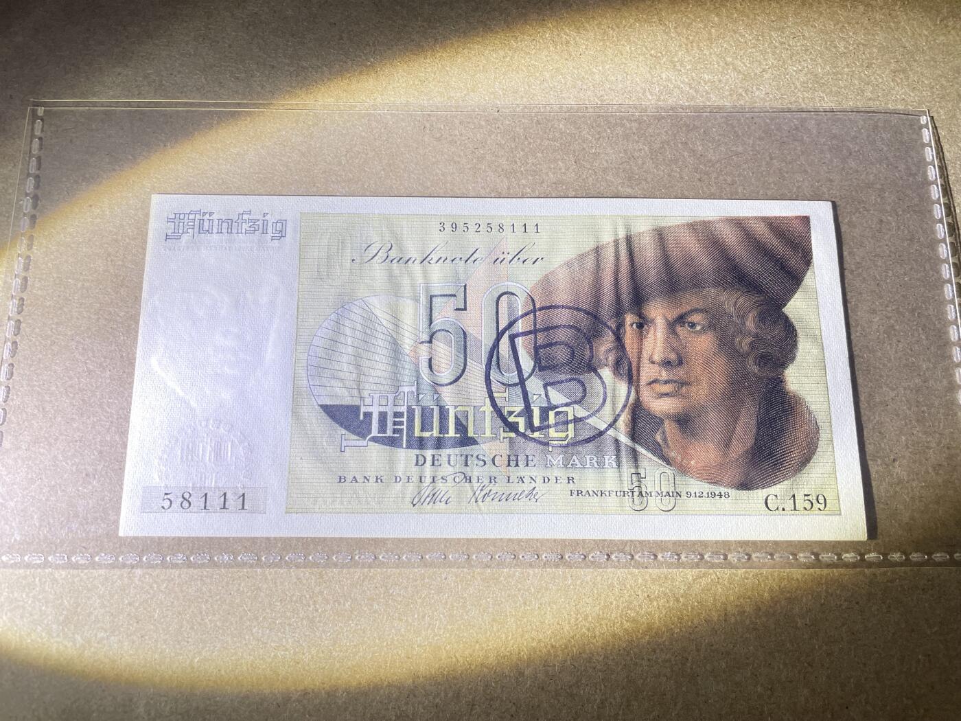 【Blue Auction】✨世界纸币精拍第618期【精】 【111豹子号无47 极少见加盖“B”】德国 1948年50马克 法属风少见品种 UNC- 丢勒名画