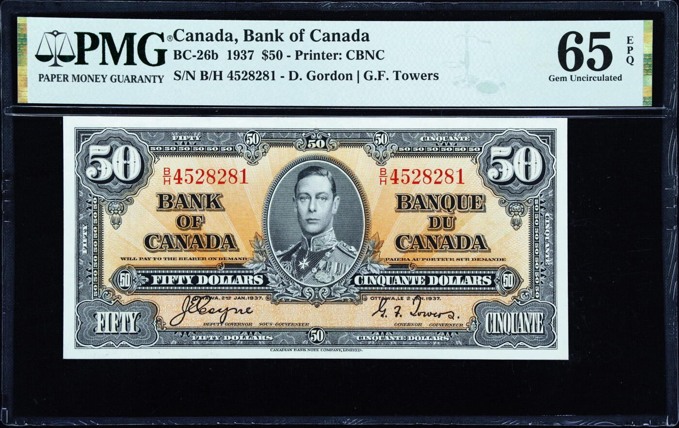 【Blue Auction】✨世界纸币精拍第618期【精】  加拿大 1937年50元 英王乔六 雕刻精美 橘色调很吸引眼球  PMG65EPQ 绝品少见 凑套必备 