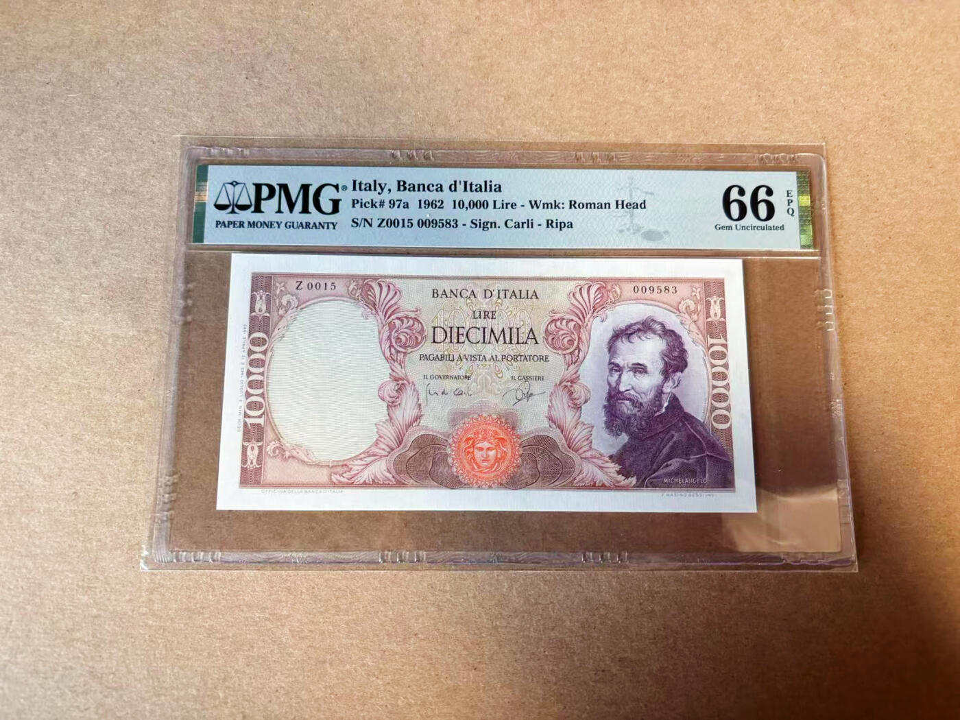 【Blue Auction】✨世界纸币精拍第618期【精】 【a版无47千位小号】意大利 1962年10000里拉 米开朗基罗 PMG66EPQ 