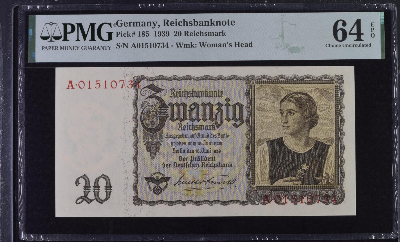 收藏联盟Quantum Auction 第408期拍卖 @征集拍品 长期供货可享分佣福利 1939年德国20马克 A冠 PMG64E  Germany, Reichsbanknote, 20 Reichsmark 1939