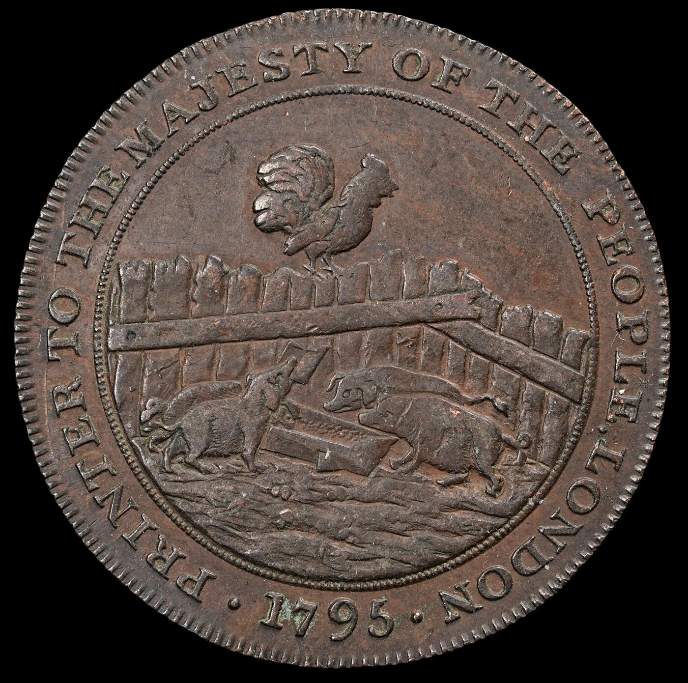 修遠堂世界钱币第五十七期 1795年伦敦半便士代用币 少见品种 Daniel Isaac Eaton头像，他因出版煽动性材料而被监禁 外拍同款落槌价137美金