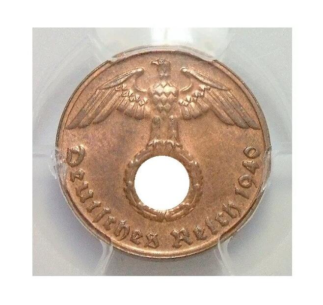 金盾PCGS MS65RB 德国第三帝国1940年G版1芬尼 难得开卷原光