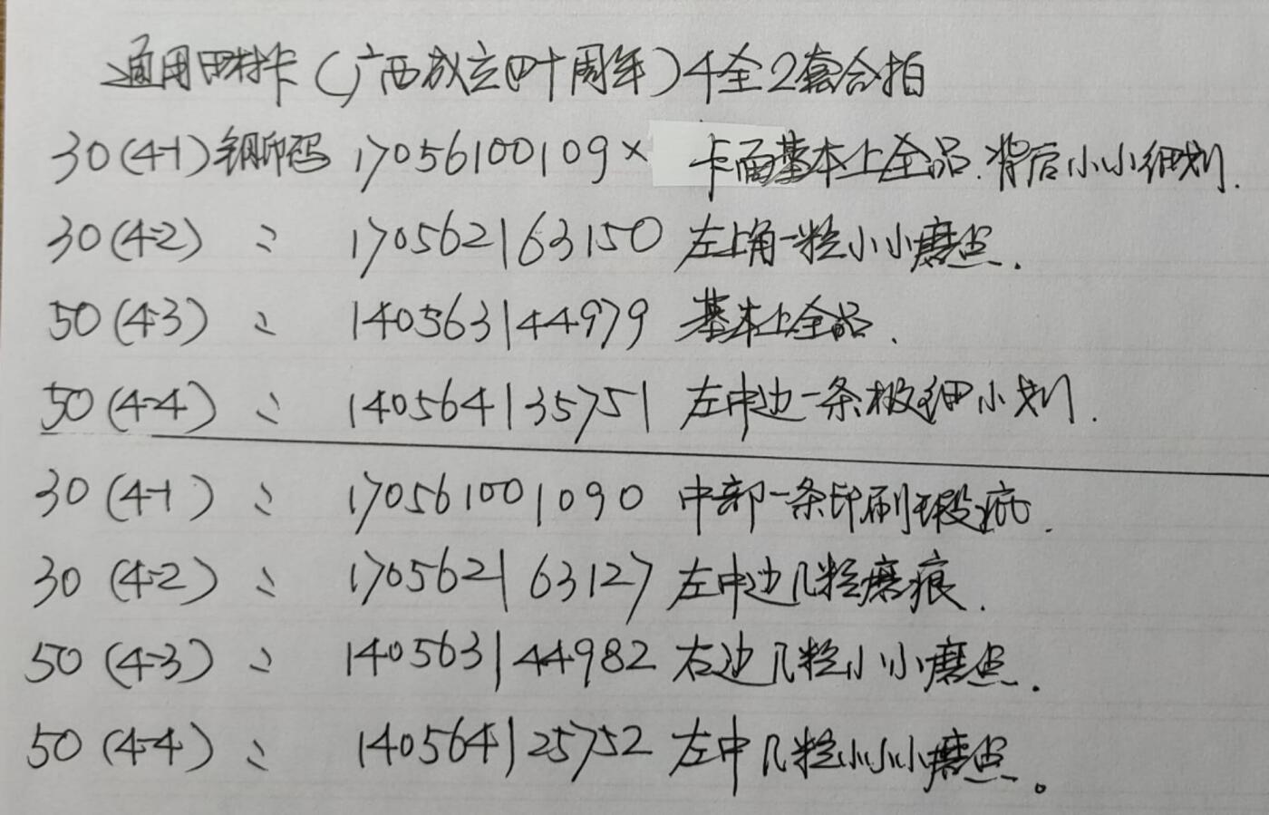 公藏第36期裸卡拍卖 通用田村卡（广西成立四十年）4全2套合拍，品相钢印码见描述。个别张背后有小磨白点。