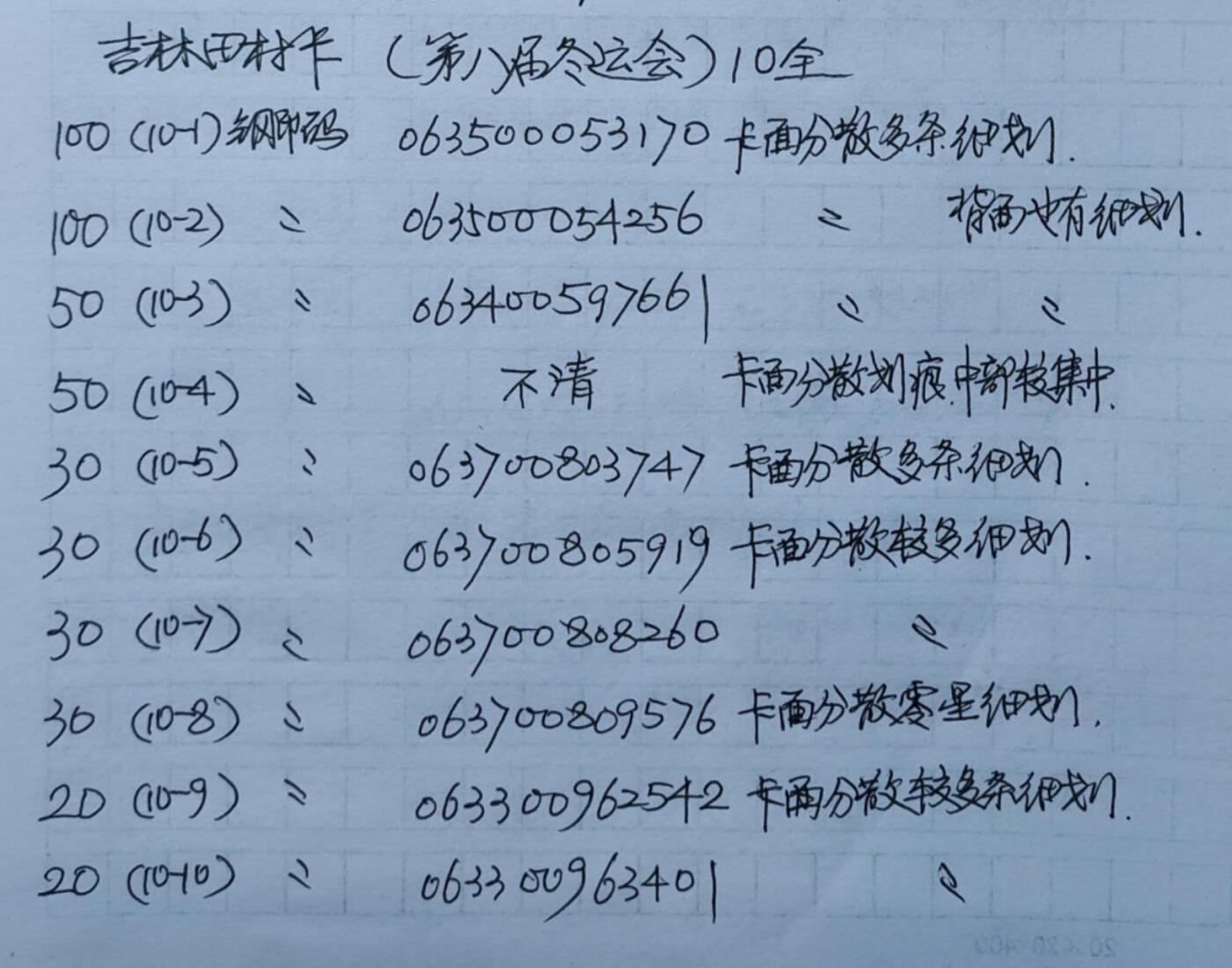 公藏第36期裸卡拍卖 吉林田村卡（第八届冬运动会）10全，品相钢印码见描述。