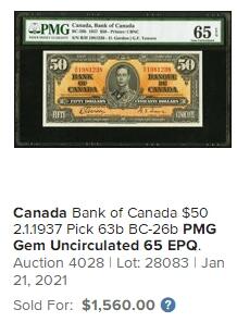 【Blue Auction】✨世界纸币精拍第618期【精】  加拿大 1937年50元 英王乔六 雕刻精美 橘色调很吸引眼球  PMG65EPQ 绝品少见 凑套必备 
