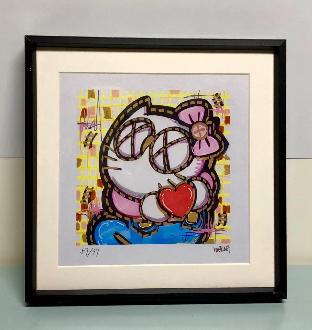 零元拍：歪歪亲笔签名 OWSON 系列作品装饰画《hello Kitty》，已做装裱 合金相框尺寸25/25CM。因展品出展，镜框或亚克力可能有轻微划痕，介意勿拍