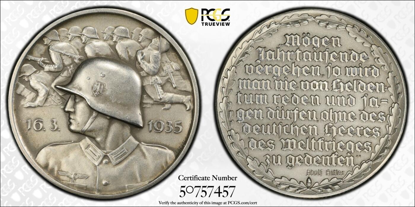 万国钱币拍卖第042期（蛇年首拍） PCGS SP62 1935年德国民族社会主义工人党三帝国全民总动员纪念银章 天鹅绒包浆状态犀利  节节高升的品种 外拍已基本消失