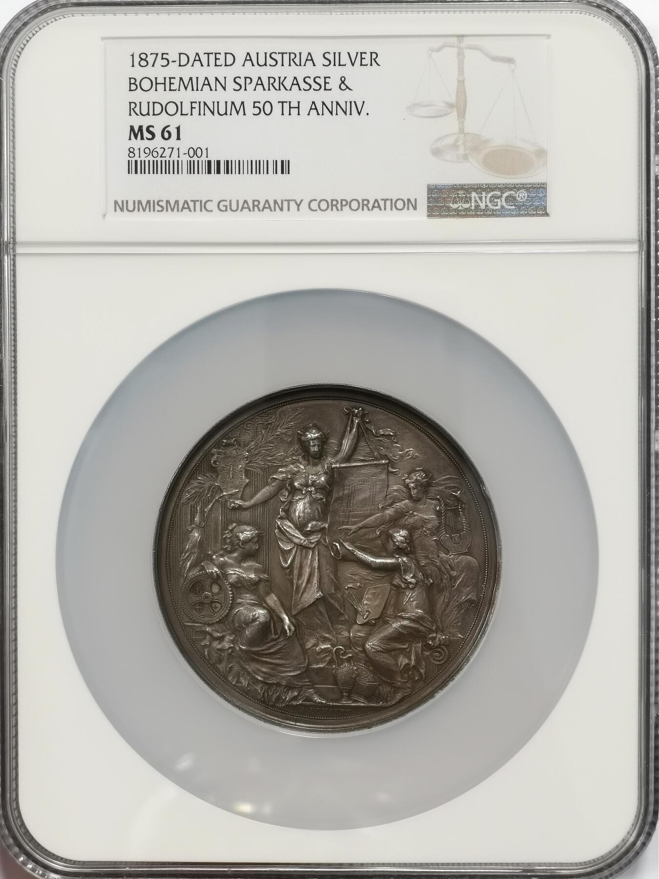 博洋堂世界钱币拍卖第110期（全场包邮） 安东.沙夫作品，奥地利1875年鲁道夫音乐厅落成纪念银章，直径65mm，NGC MS61
