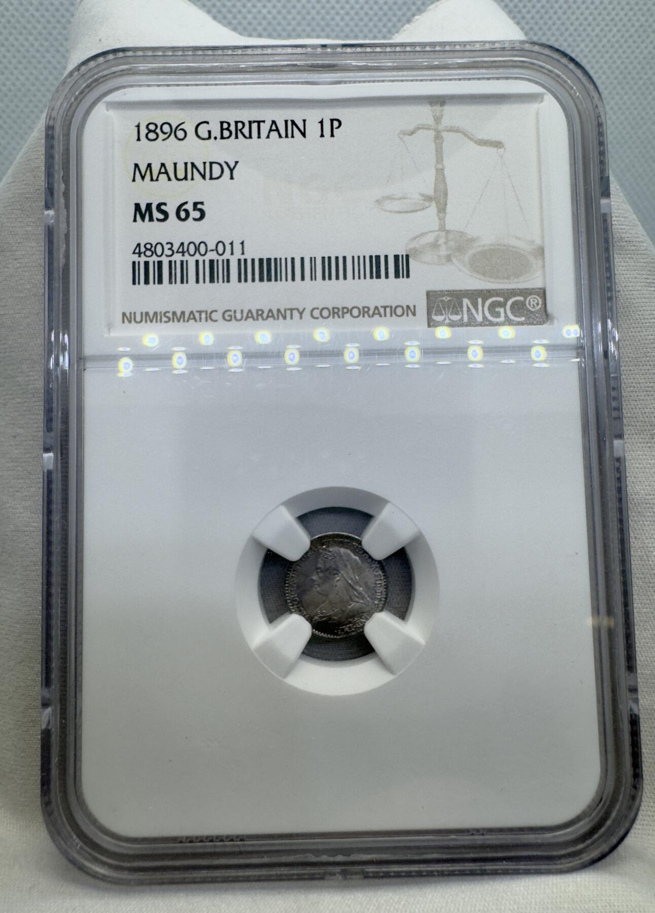 “一元初始，万象更新”新年新铺开张（第4期）新年第一拍 NGC-MS65 英国1896年披纱老维1便士洗脚币，淡紫色包浆，少见高分