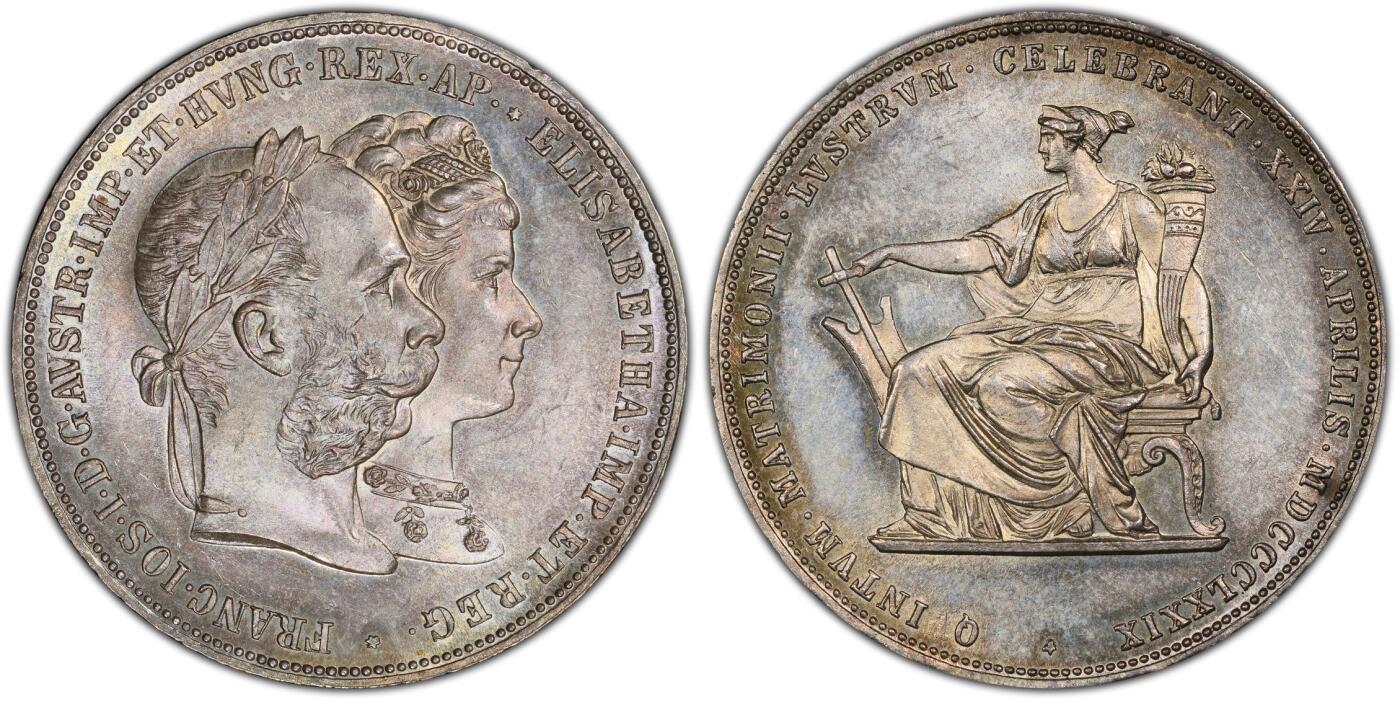 万国钱币拍卖第042期（蛇年首拍） PCGS MS65 1879年奥地利弗朗茨一世与茜茜公主银婚纪念2福林 丝绸底板 醇熟五彩 顶级收藏品质