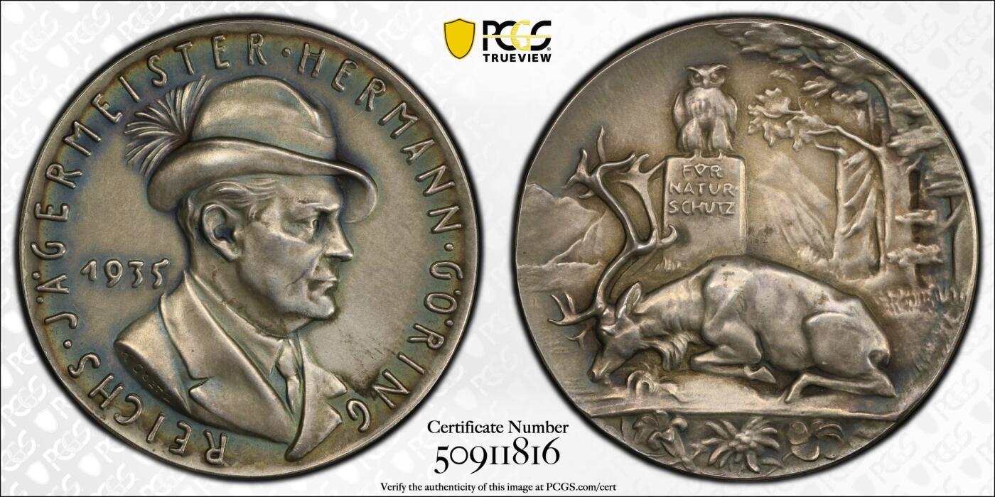 万国钱币拍卖第042期（蛇年首拍） PCGS SP63 1935年德国民族社会主义工人党二号人物猎鹿者—赫尔曼·戈林银章 卡尔哥茨作品 罕见德三名品 原味天鹅绒包浆环绕孔雀蓝彩绝对称得上是视觉享受