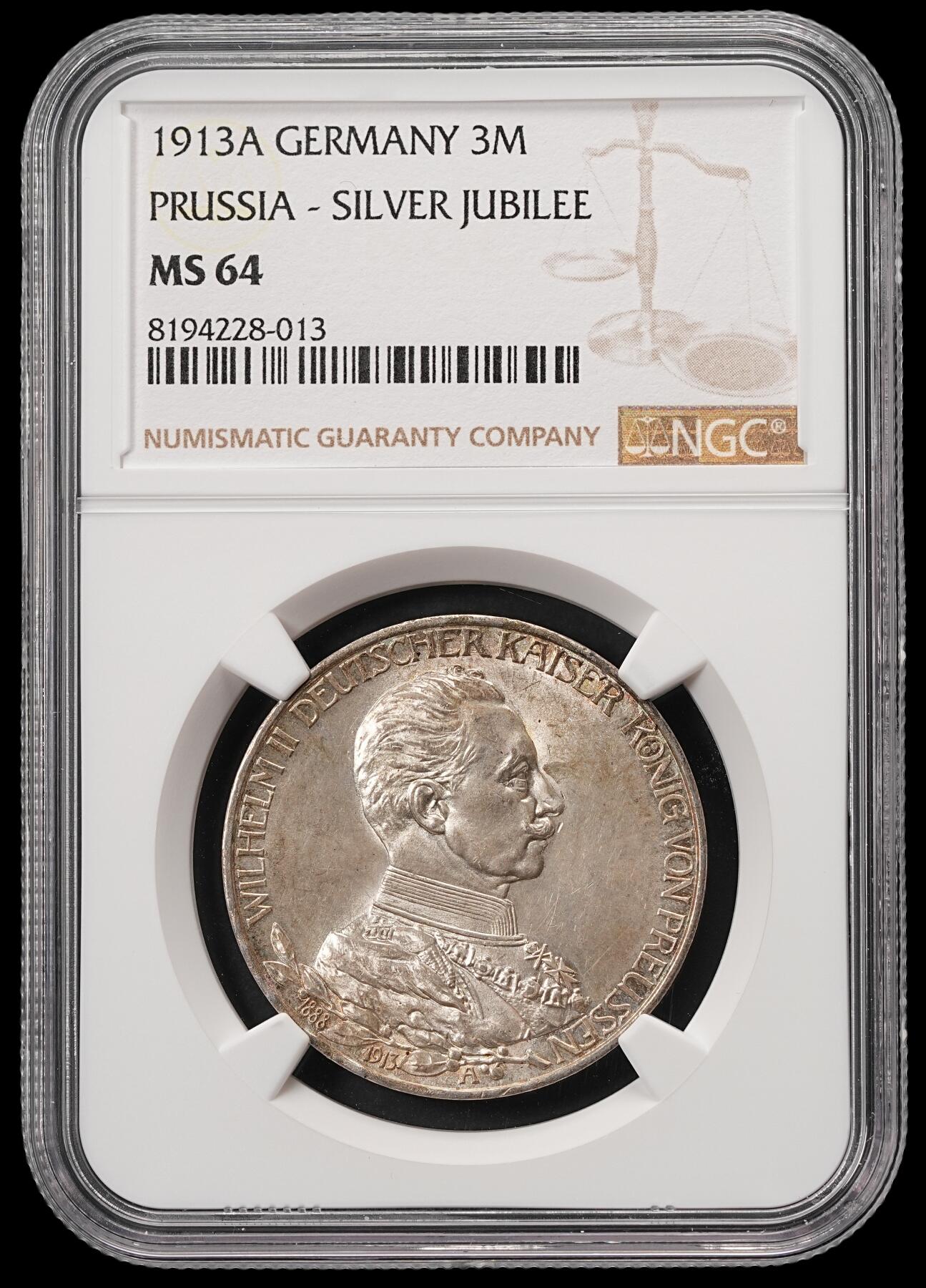修遠堂世界钱币第五十七期 NGC MS64 1913年威廉二世执政25周年纪念3马克银币 上期拍品，被鸽子重拍