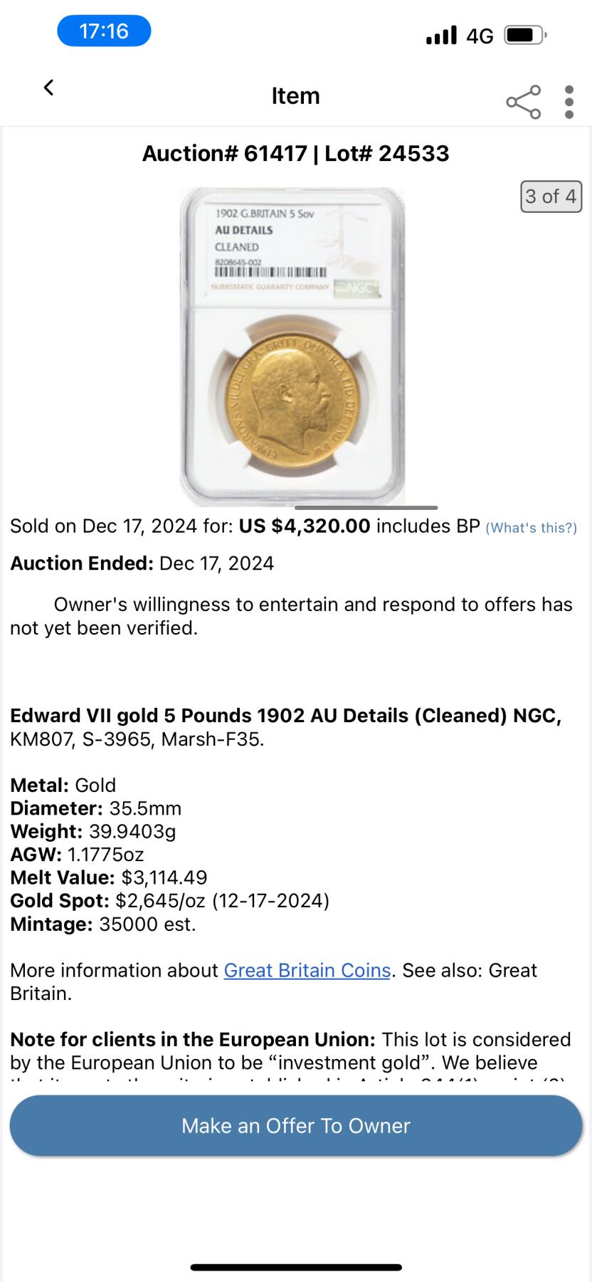 万国钱币拍卖第042期（蛇年首拍） NGC AU58 1902年英国爱德华七世5镑马剑大金币 全系中的最大面值，厚重压手大金饼，在金价一路走高的时期，堪称投资与赏玩兼得的优质品种，39.94g 917金。不久前ha拍出的的一枚AUD以4320美金成交供参考。